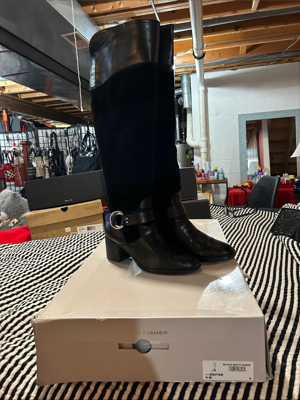 Marc Fisher Black Leather & Suede Knee-High Buckle Boots